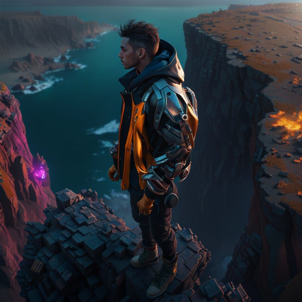 Cyberpunk Man on Cliff Edge in 8K