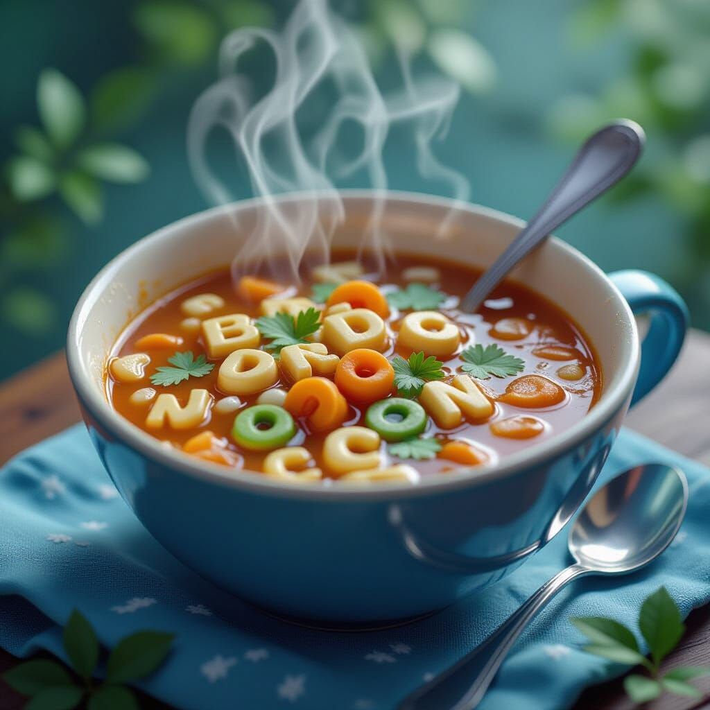 Fantastical Alphabet Soup in Airbrush Art Style