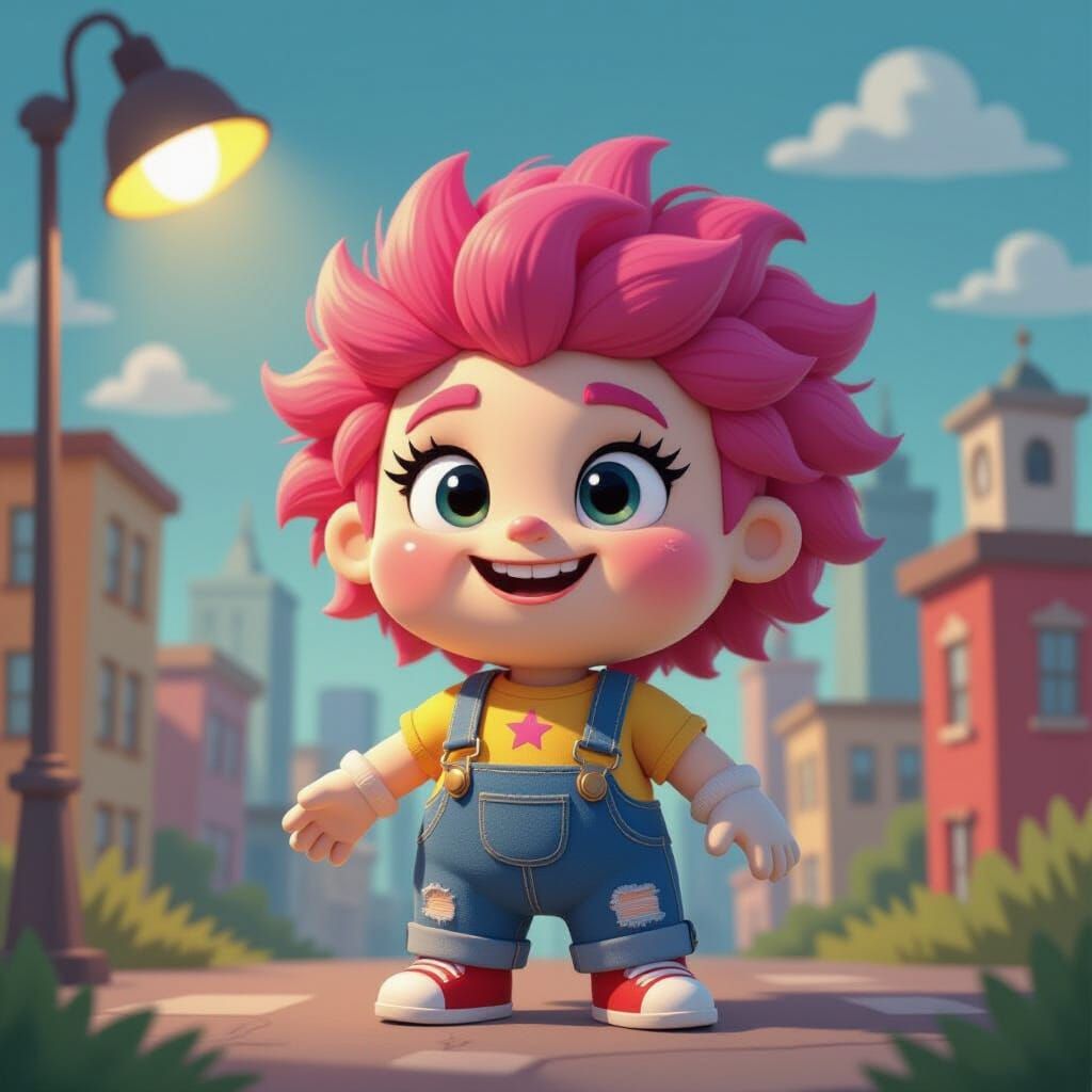 Moxy Plush Toy in Cheerful Cartoon Cityscape