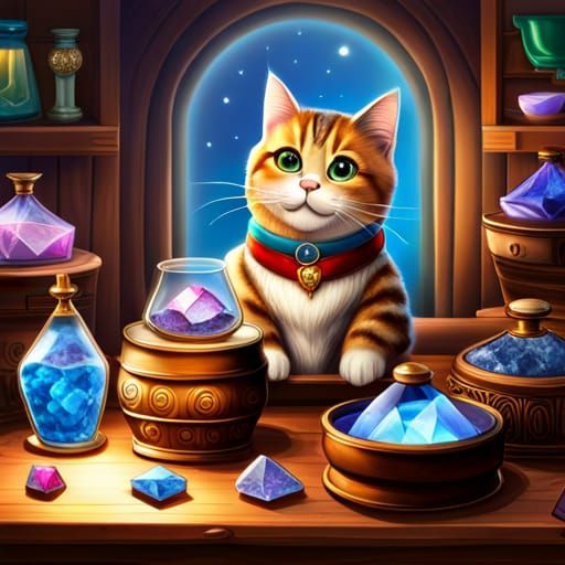 Mystic Cat Selling Crystals: Hyperrealistic Fantasy Art