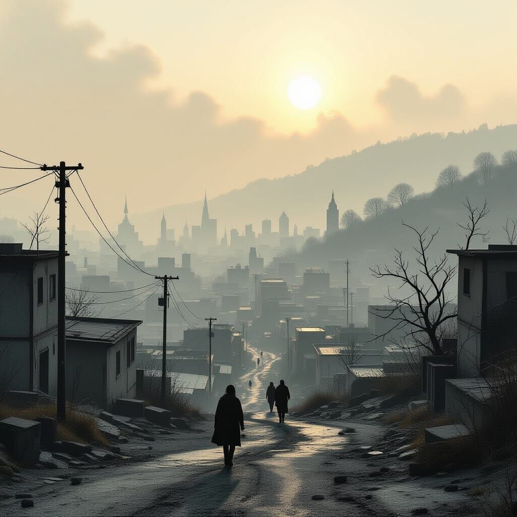 Monochrome Cityscape Under Smoggy Sky