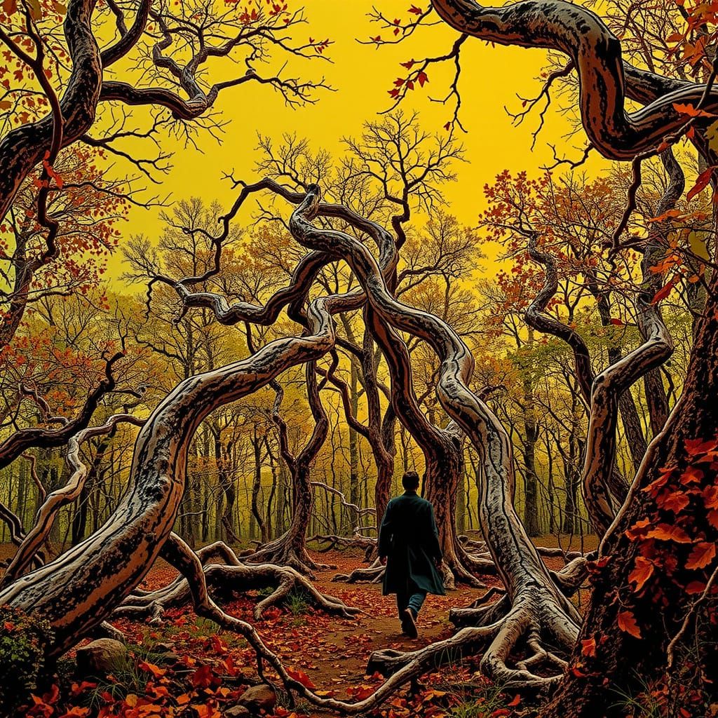 Figure Amidst Vibrant Forest at Dusk in Impressive Detail