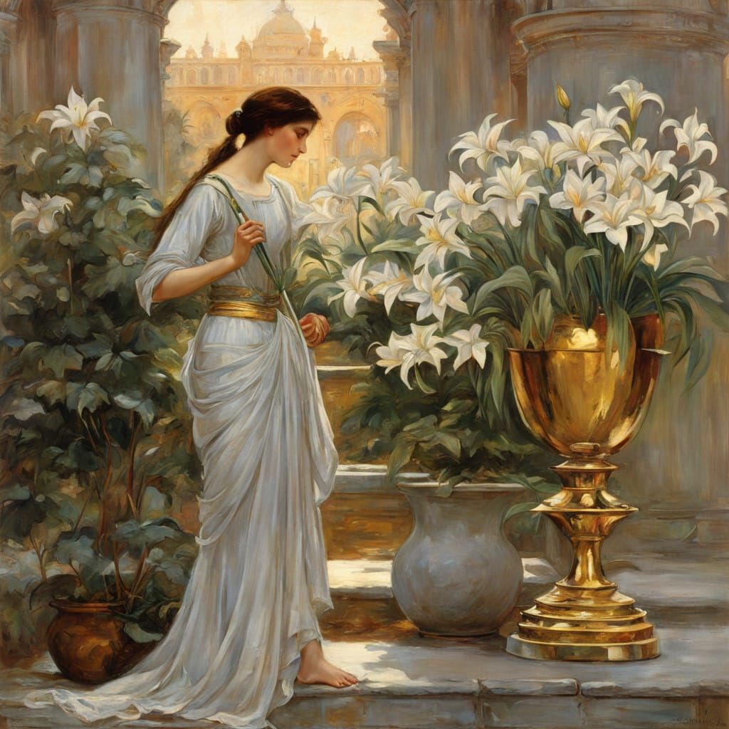 Golden Vase with Delicate Silver Lilies