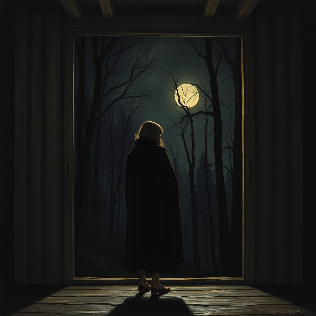Woman Gazing at Moonlit Forest: Shadows and Mystery
