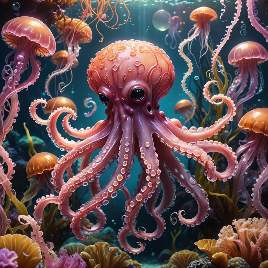 Cute Pink Octopus Plays with Jellyfish