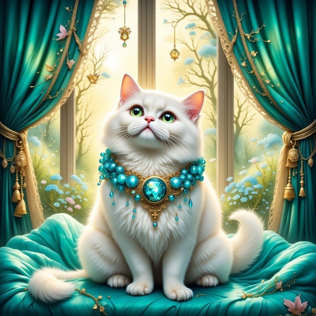 Fluffy Cat with Turquoise Necklace in Hyperrealistic Style