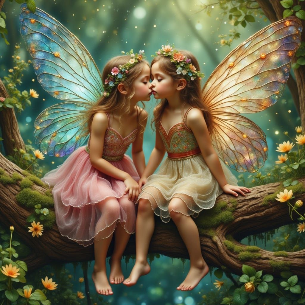 Fairy and Girl on Mossy Tree Trunk, Hyperdetailed Art