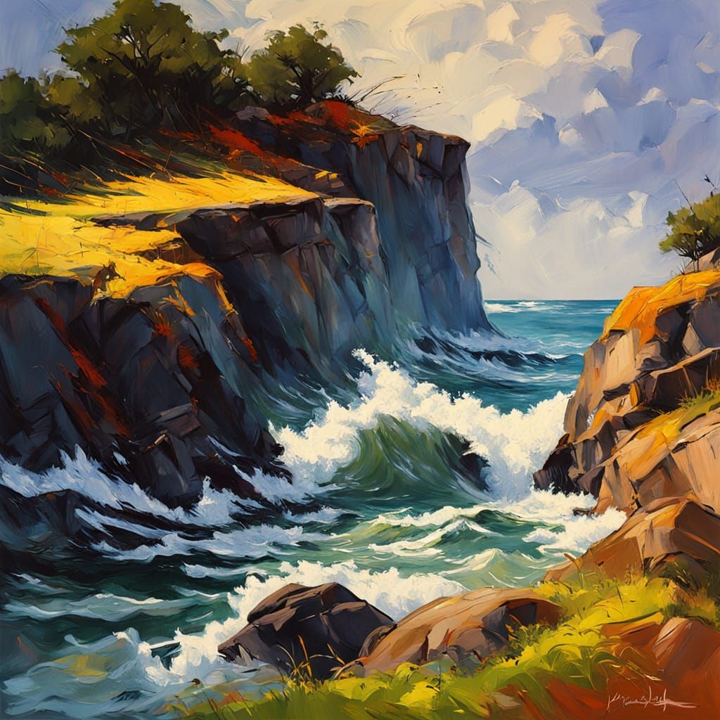 Impressionistic Wave Crashing on Cliff in Golden Light