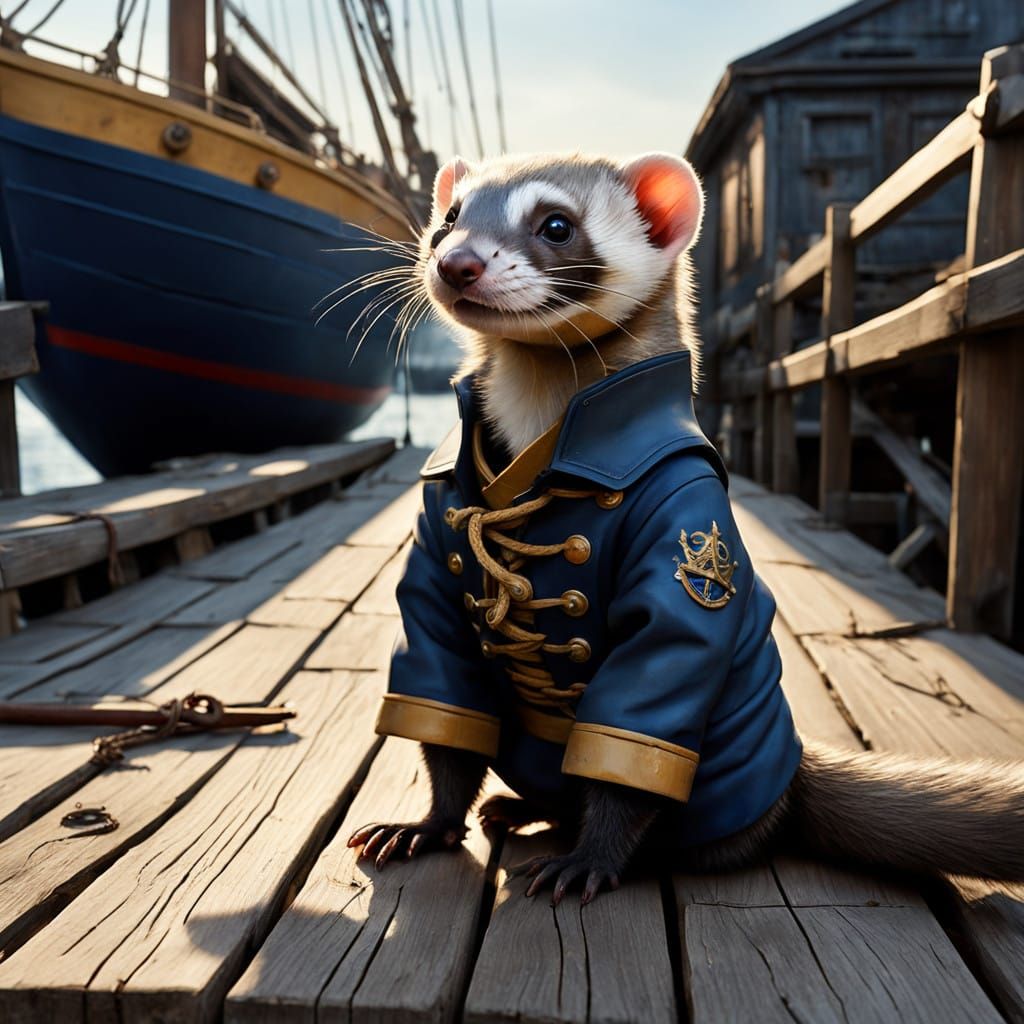 Ferret in Vintage Sailor Attire on Weathered Ship Ramp