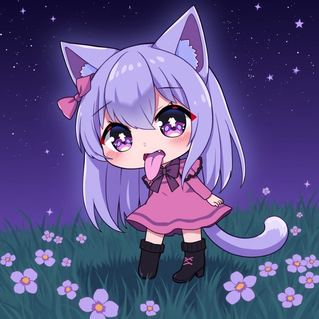 Adorable Anime Catgirl in Moody Starry Night