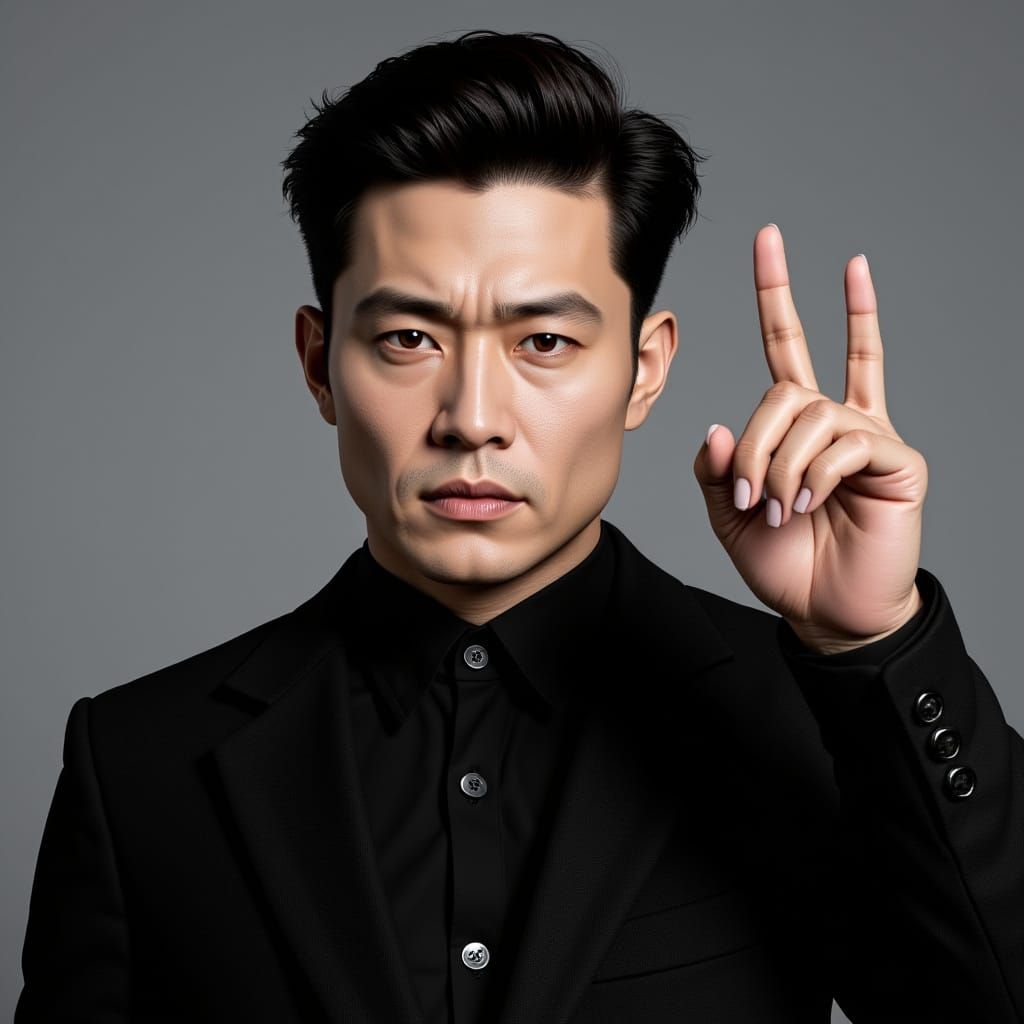 Hyperrealistic Portrait of a Man Giving Peace Sign