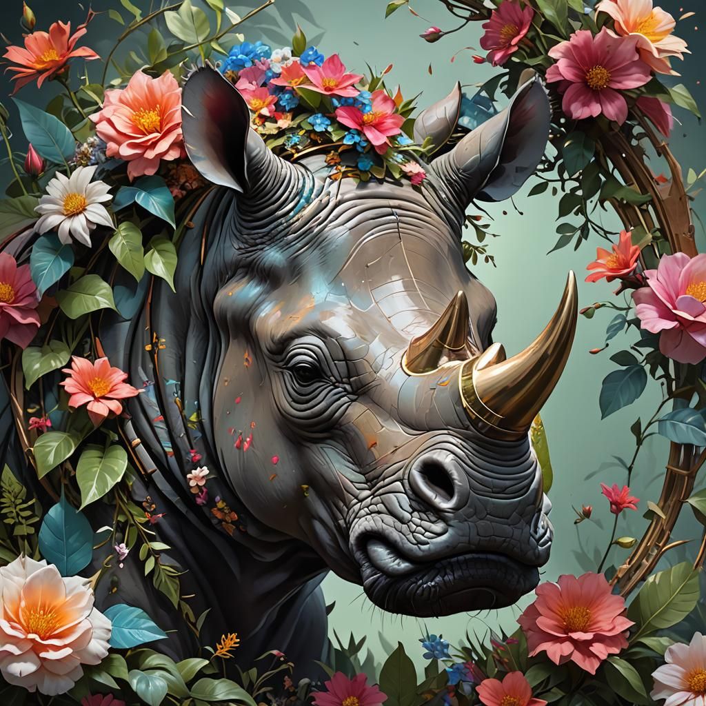 Floral Rhinoceros Portrait in Hyperdetailed Style