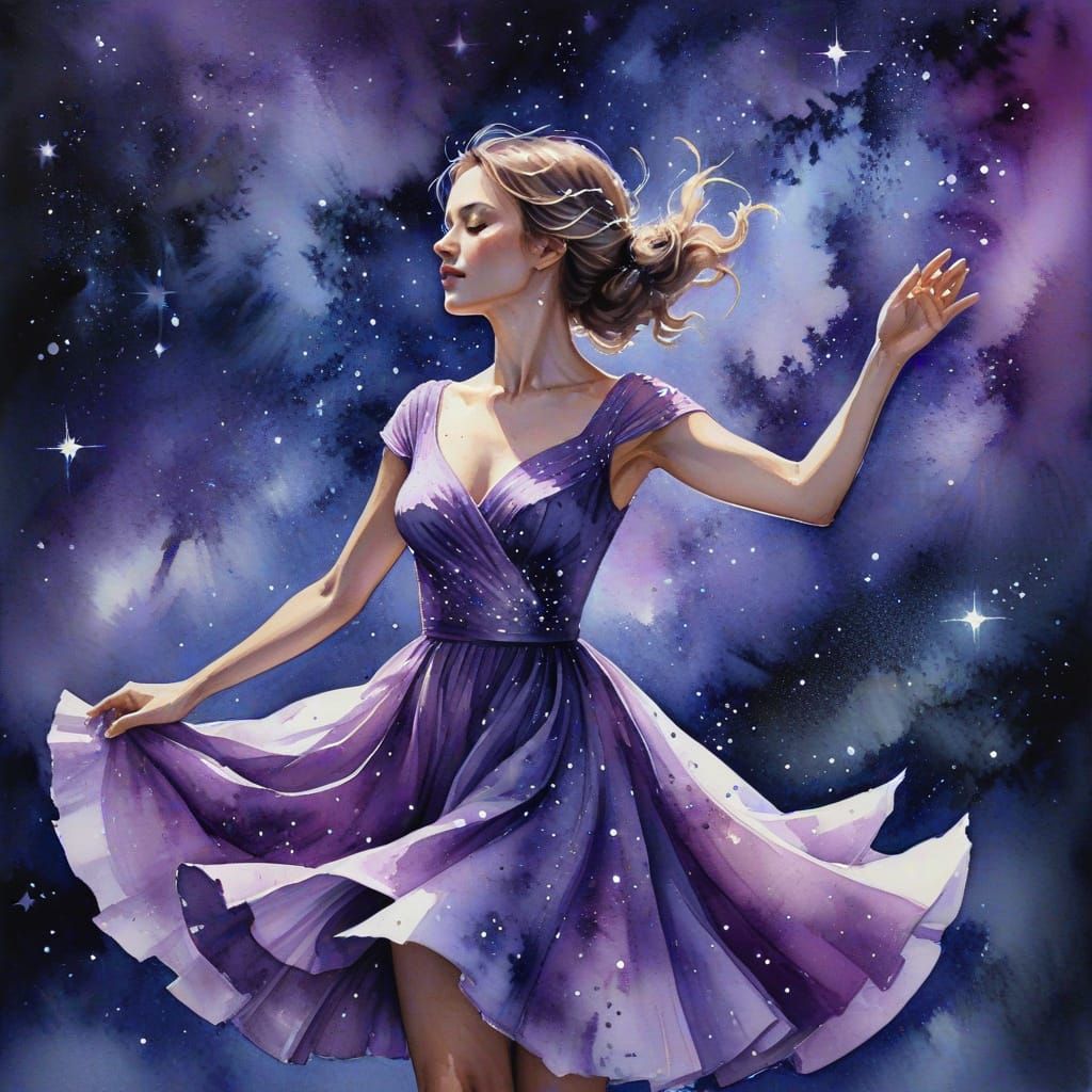 Watercolor Woman Dancing Among the Stars