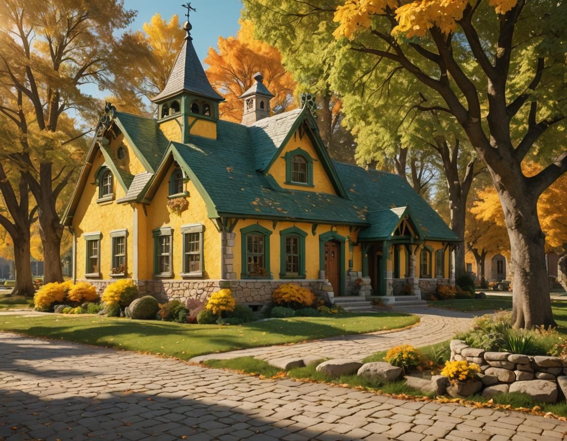 Fantasy Schoolhouse in Autumn Sunlight