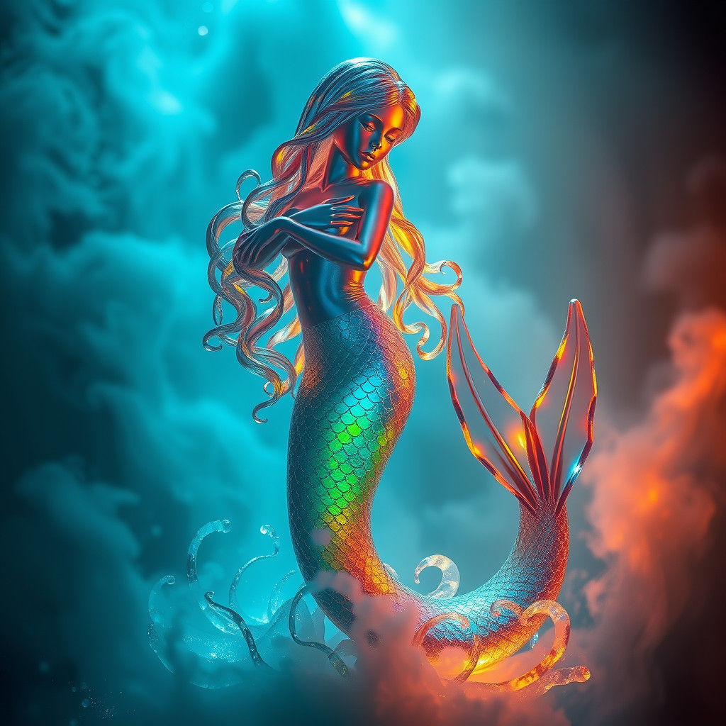 Iridescent Crystal Mermaid Statue in a Bioluminescent Realm
