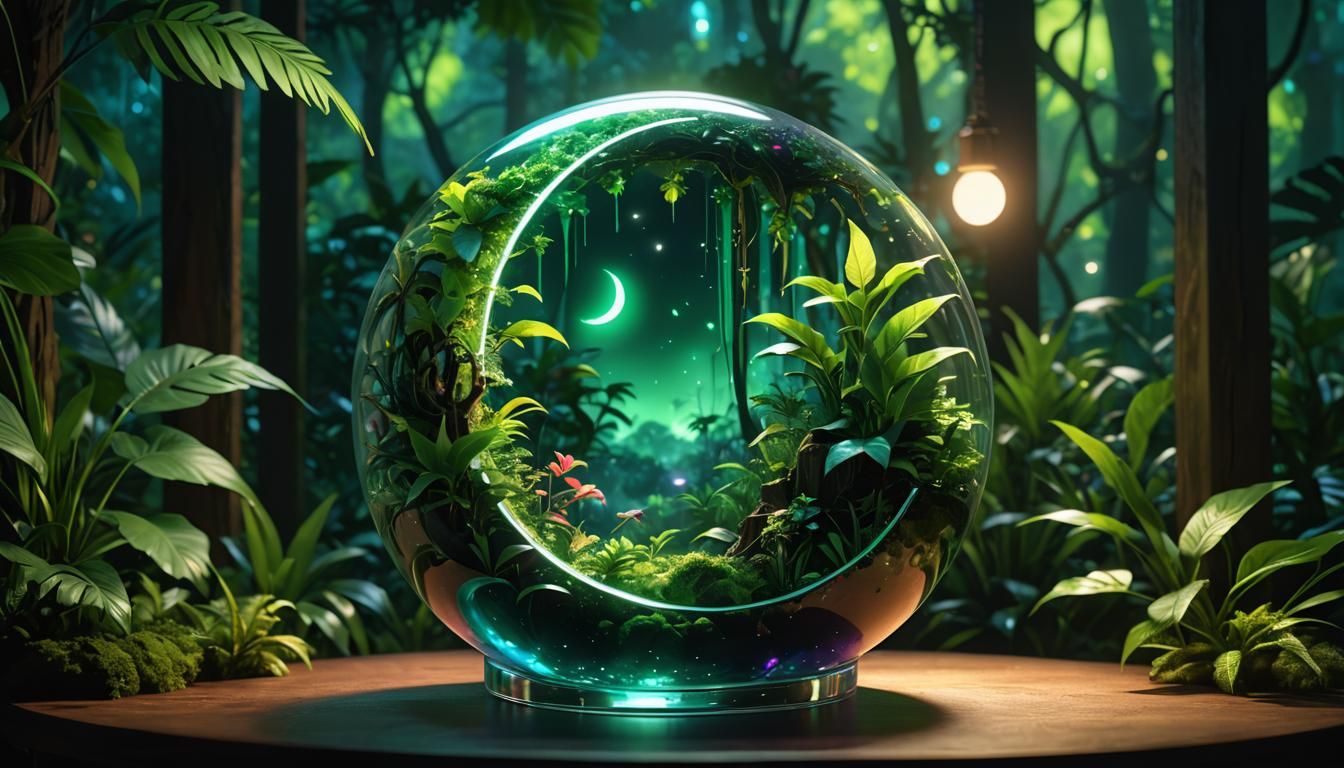Rainforest Moon in Glass Container: Vibrant 3D Anime Art