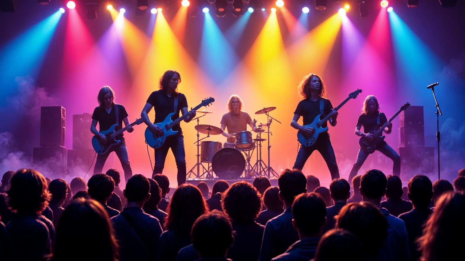 Electric Rock Band Performs Under Colored Spotlights