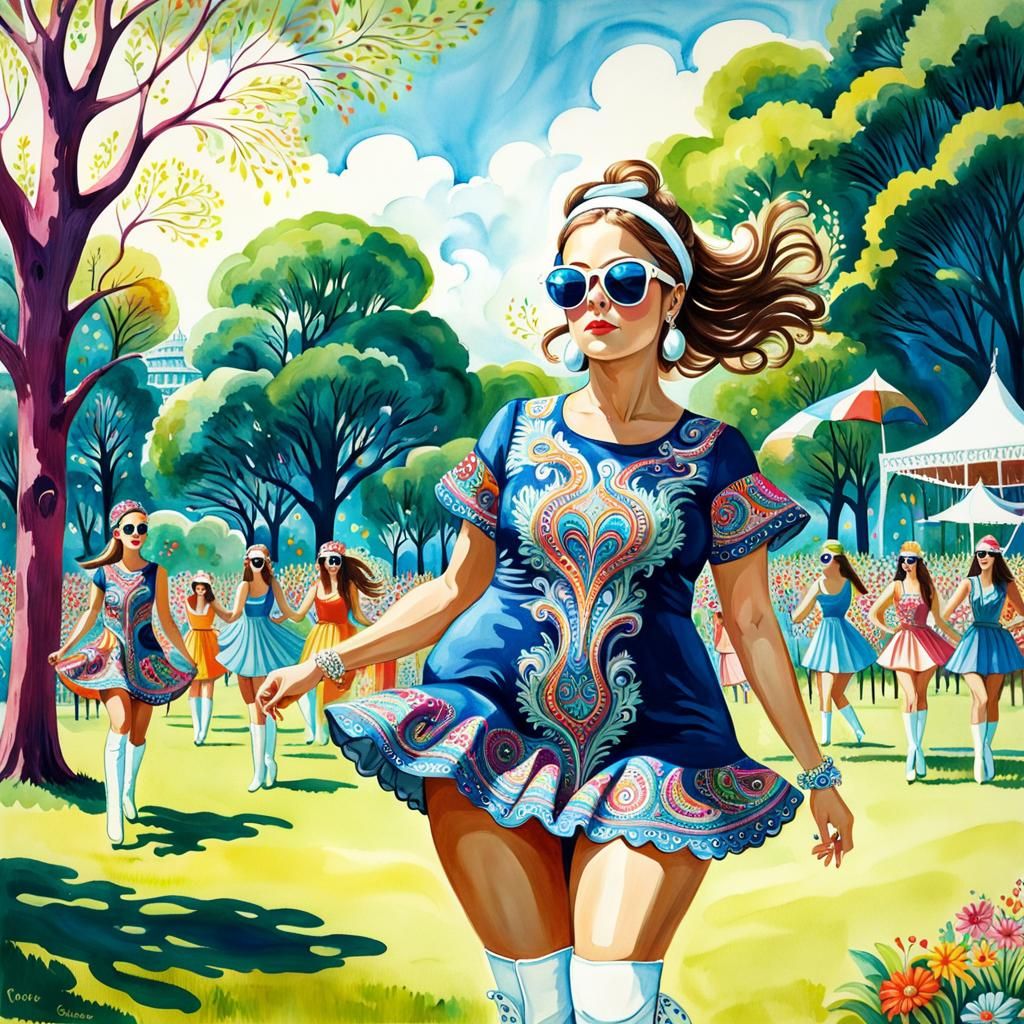 Psychedelic Woman Dancing at Concert in Watercolor Style