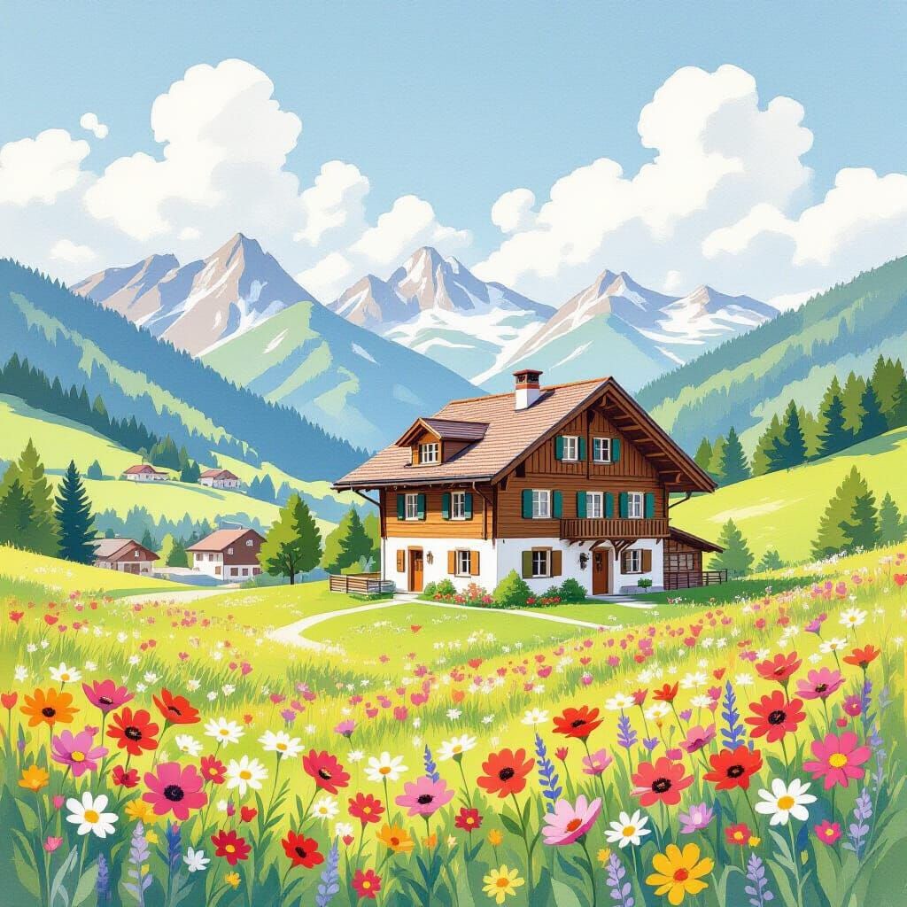 Magical Alpine Chalet in Pastel Watercolor