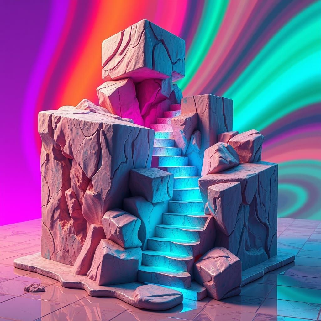 Surreal Dreamscapes: Melting Cube-Shaped Rocks in Neon-Lit A...