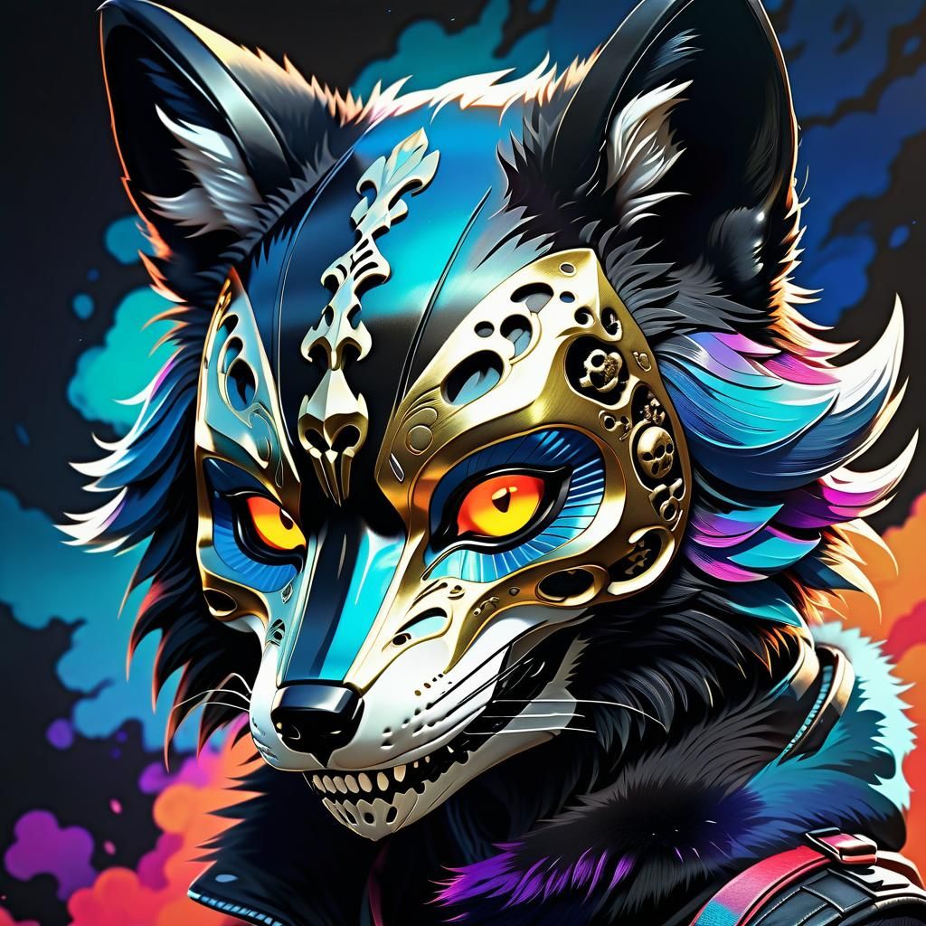 Surreal Anime Fox Portrait with Intricate Mask and Moody Bac...