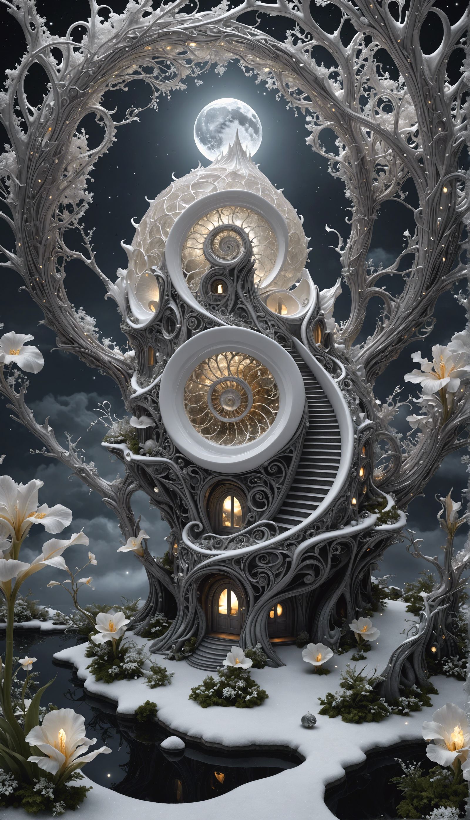 Spiraling Fractal Treehouse Sculpture in Moonlight