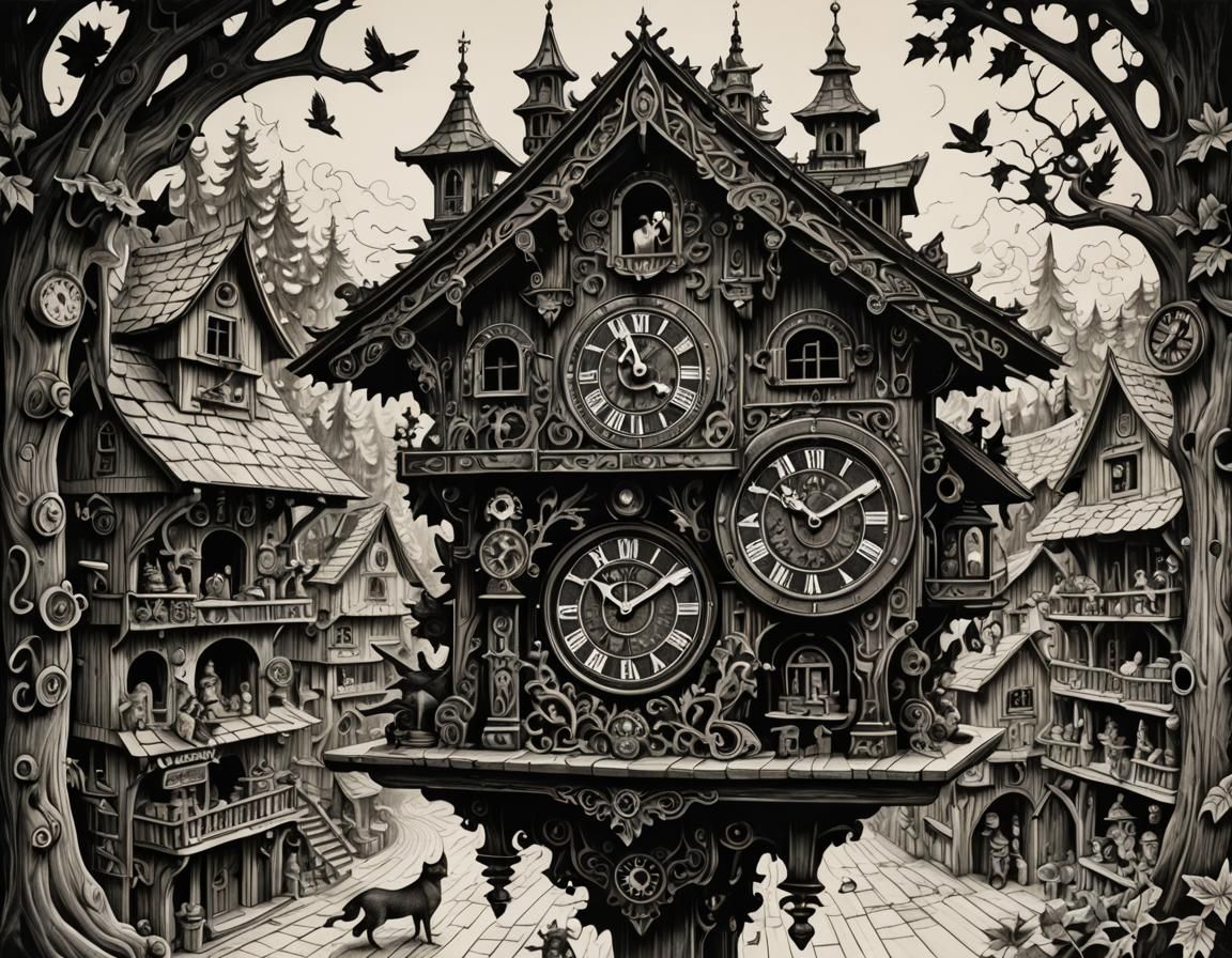 Surreal Cuckoo Clocks in Pen and Ink Style
