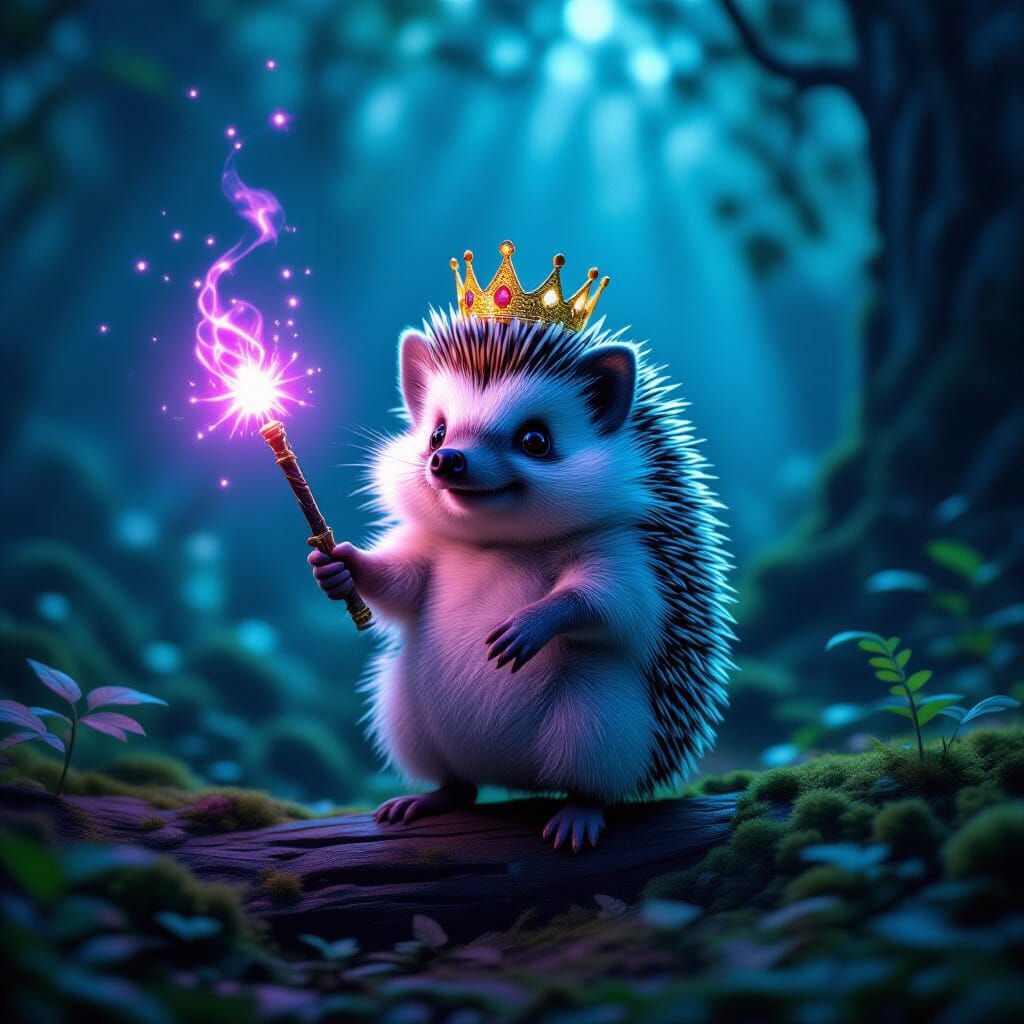 Fluffy Hedgehog King with Magic Wand in Enchanted Forest