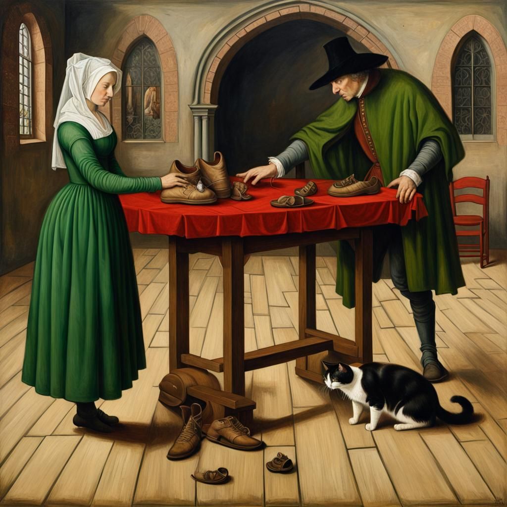 Renaissance Still Life with Cat, Van Eyck Style