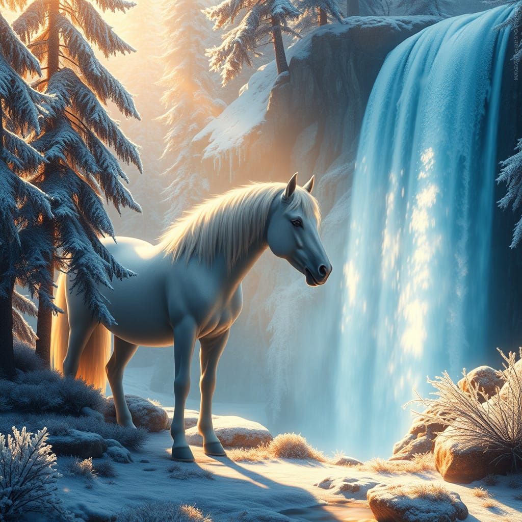 Ethereal Horse Stand Beside Frost-Covered Pines Amidst Golde...