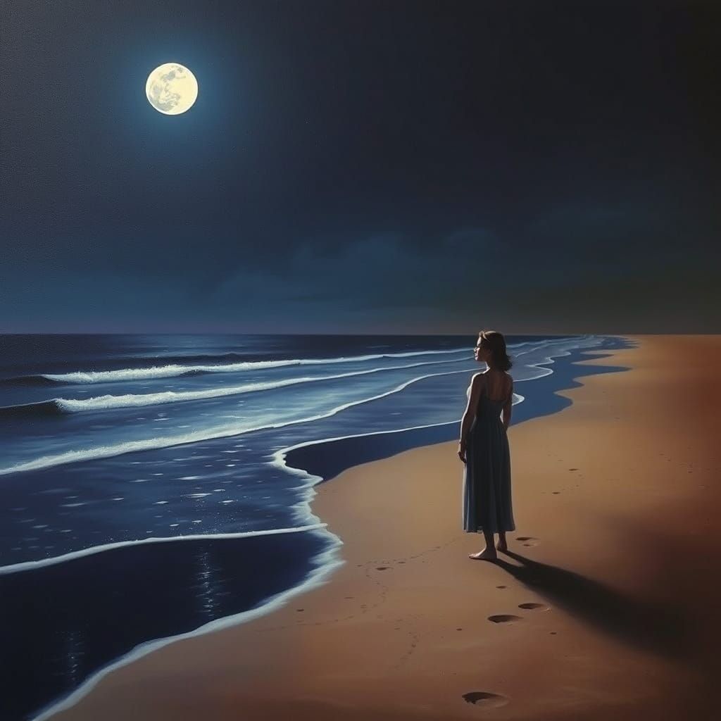 Surrealistic Dreamscape of a Woman Under the Full Moon