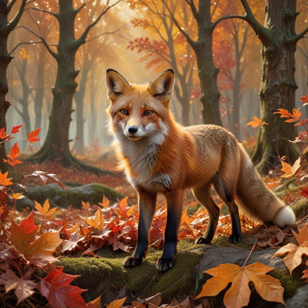 Red Fox in Autumn Glade on Leaf Trail