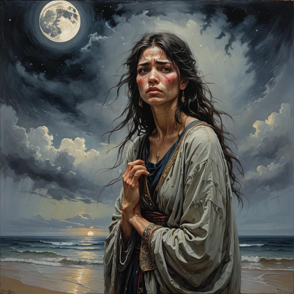 Melancholic Moonlit Grief as Oil Painting