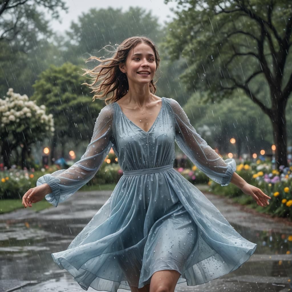 Woman Dancing in Rain, Hyperrealistic Portrait