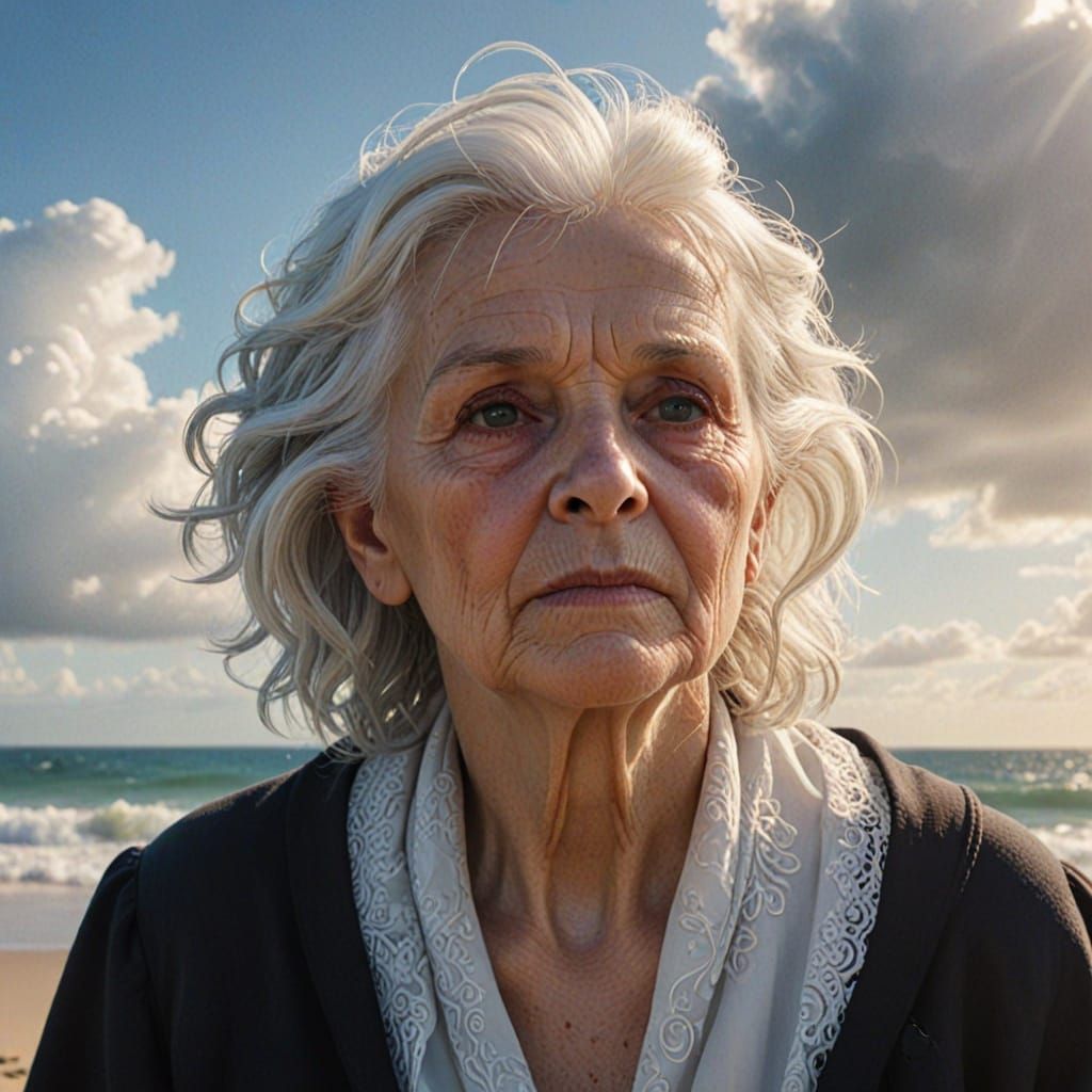 Elderly Angelic Woman and Dog on Beach in Stormy Seas