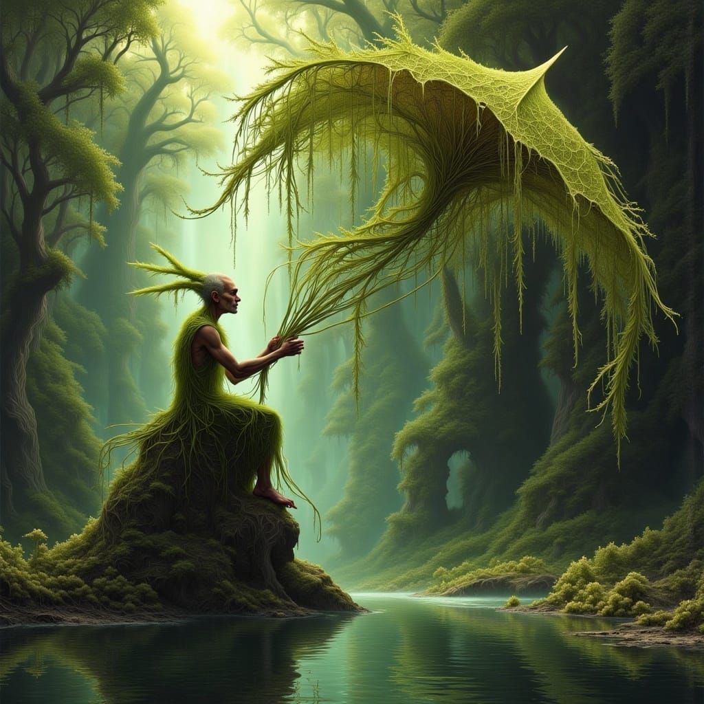 Surreal Forest Elder Soars with Kite in Lichen Moss Landscap...