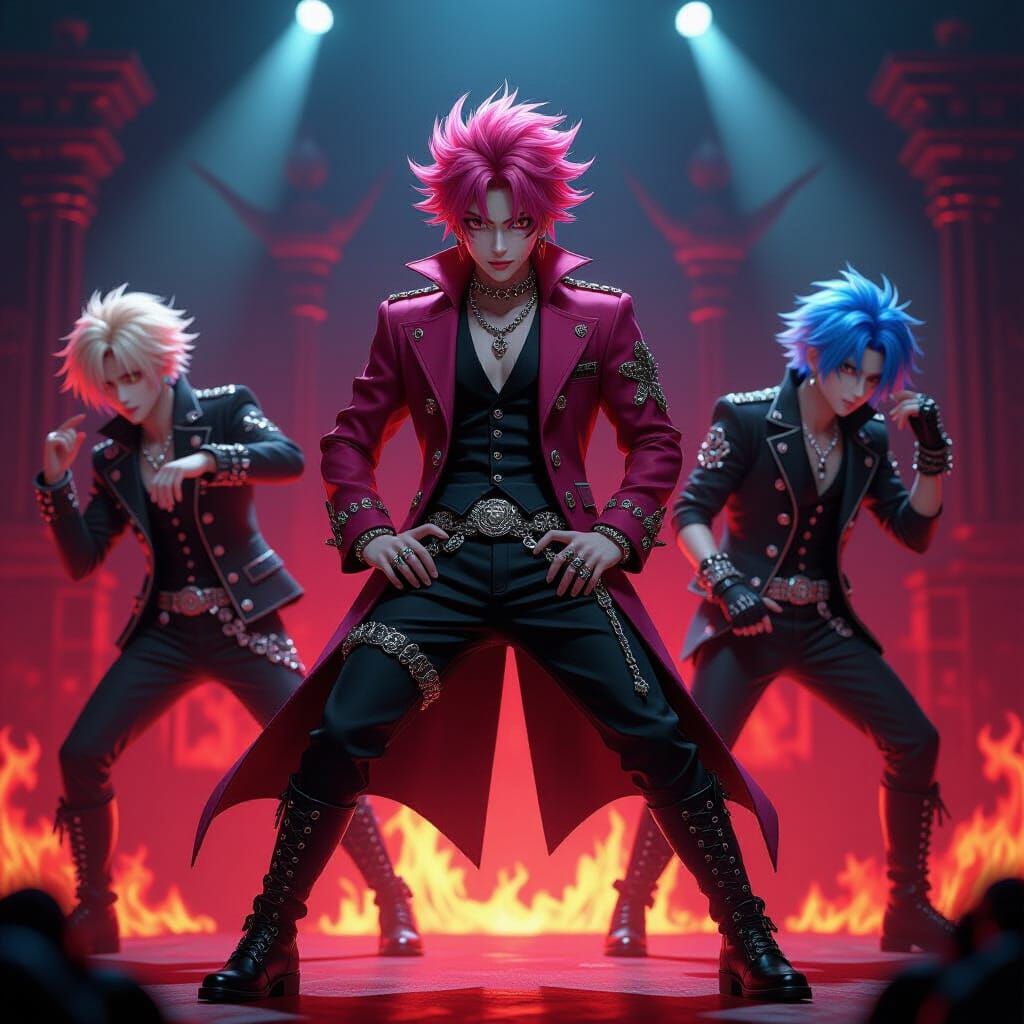 Dynamic Demon K-Pop Band in Anime Style
