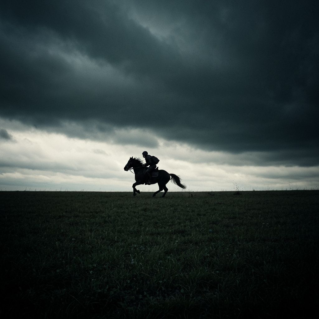 Apocalyptic Rider on Black Horse in Foreboding Landscape