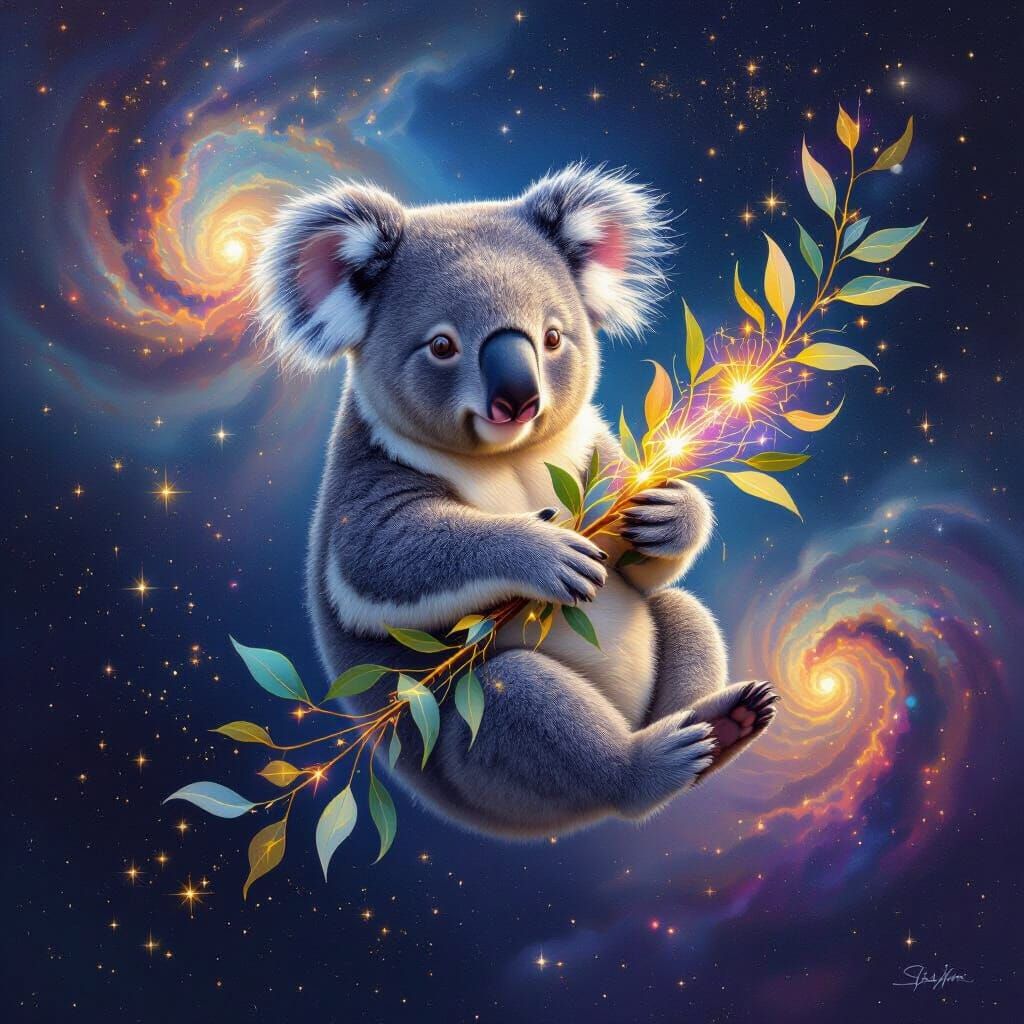 Whimsical Koala Floats in Cosmic Space with Glowing Branch