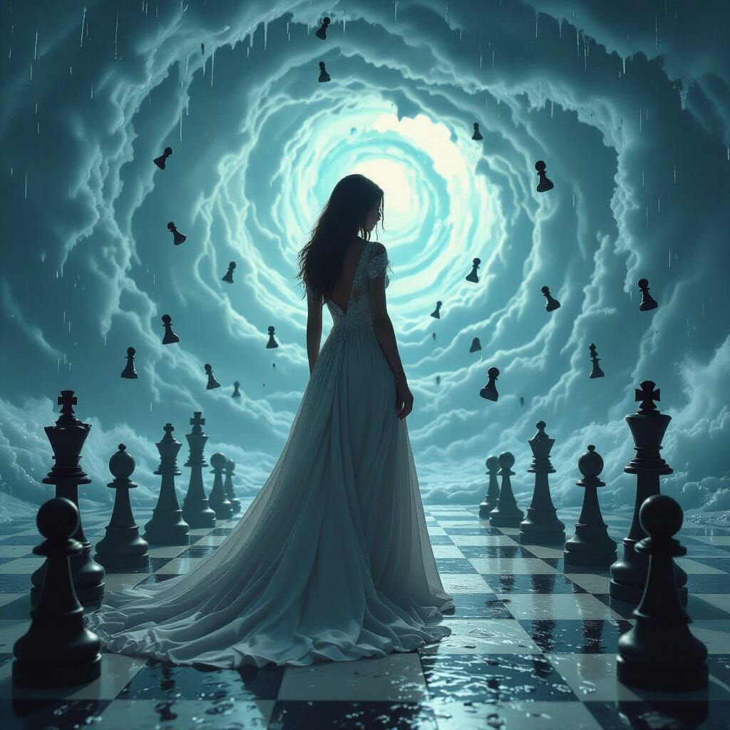 Serene Woman Amidst Hurricane Chess Pieces