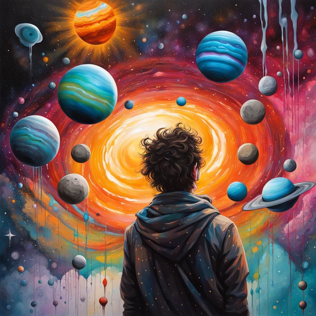 Person Staring at Solar System in Graffiti Art
