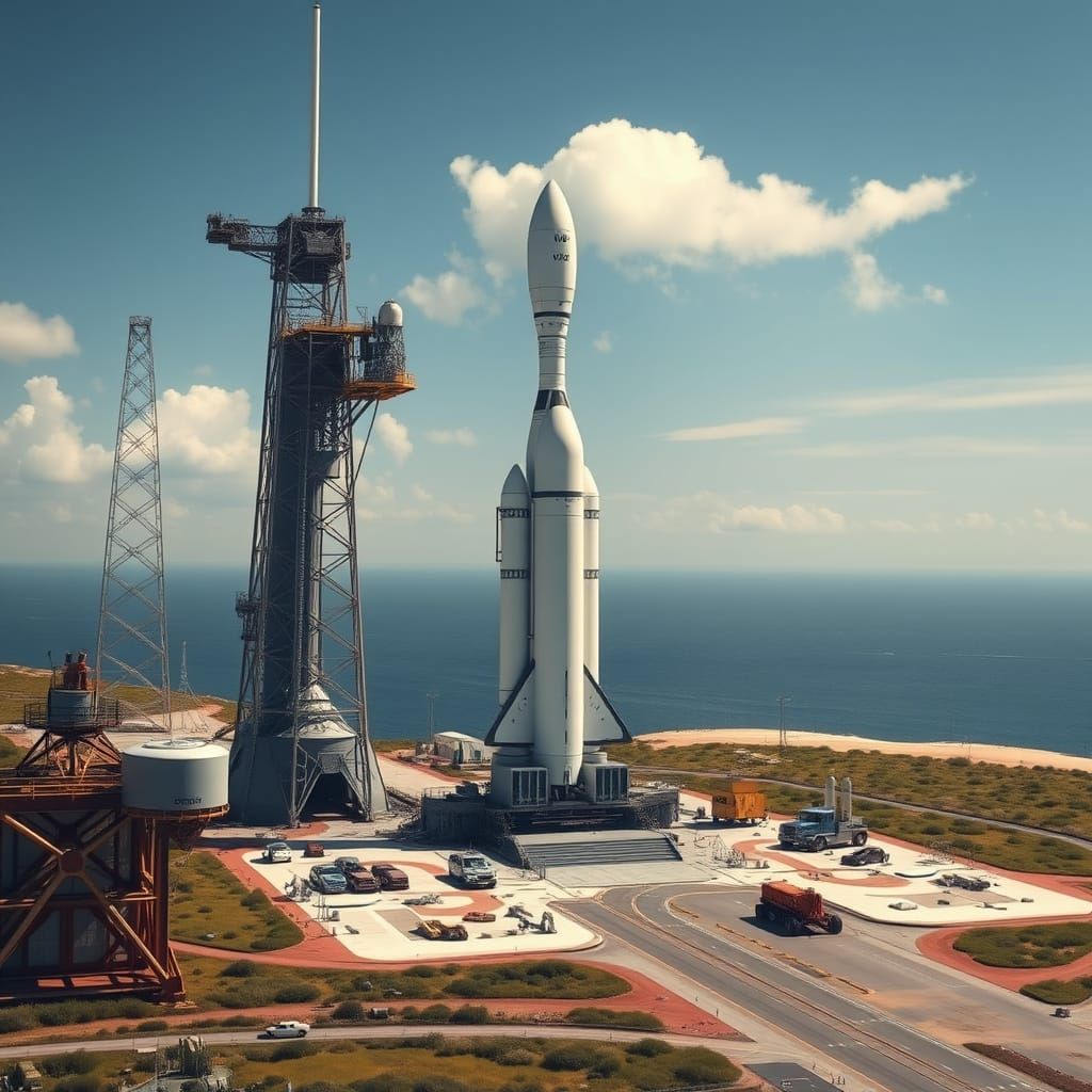 Futuristic Rocket Base in Sunlit Coastal Landscape