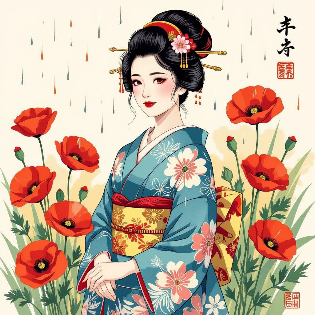 Japanese Woman in Kimono Surrounded by Poppies as Ukiyo-e Ar...