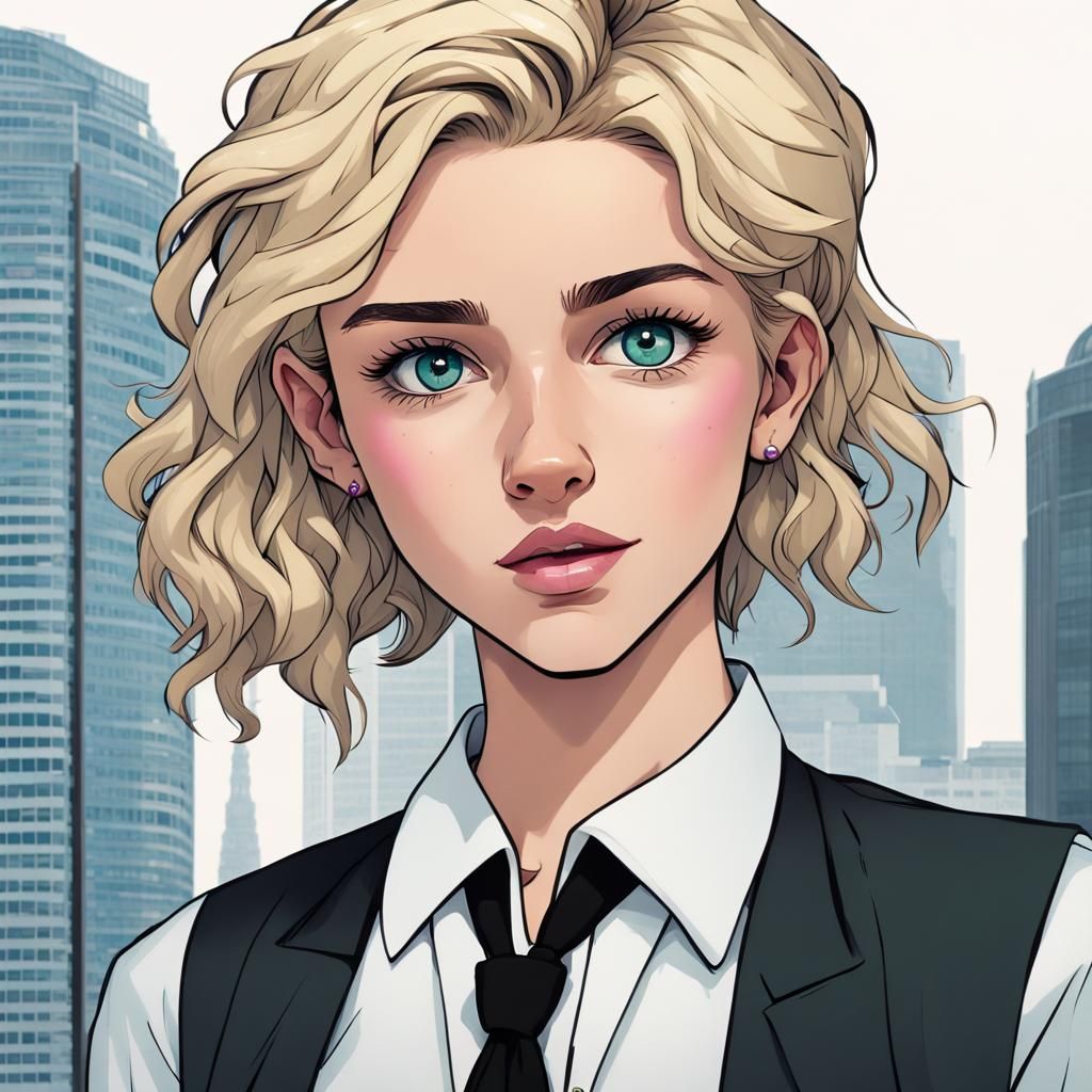 Blonde Teenager on Skyscraper, Comic Book Art