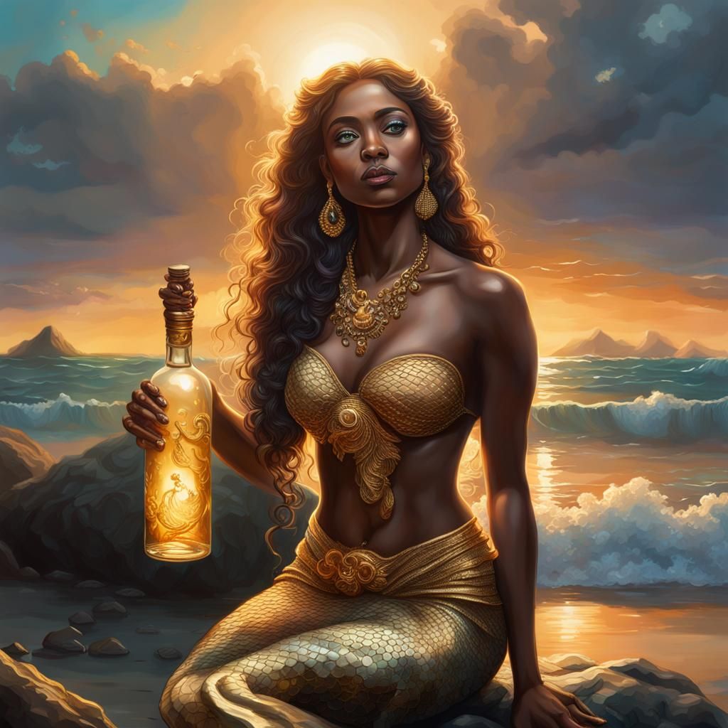 Mermaid on Beach at Sunset: Hyperrealistic Splash Art