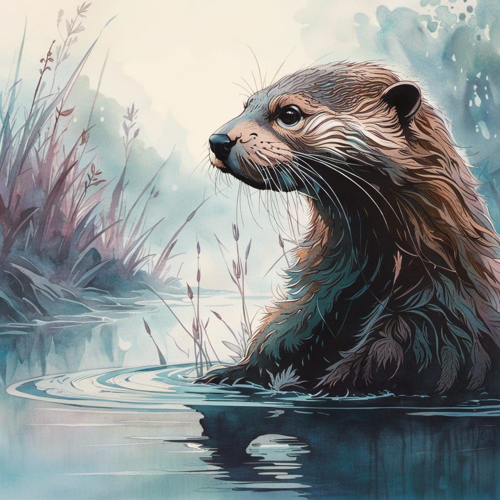 Anime Otter Silhouette in Foggy River