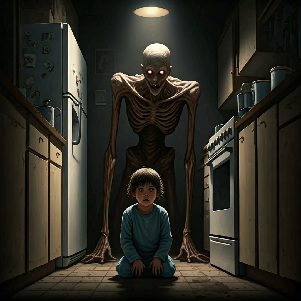 Child Terrorized by Haunting Figure in Creepy 2000s Kitchen