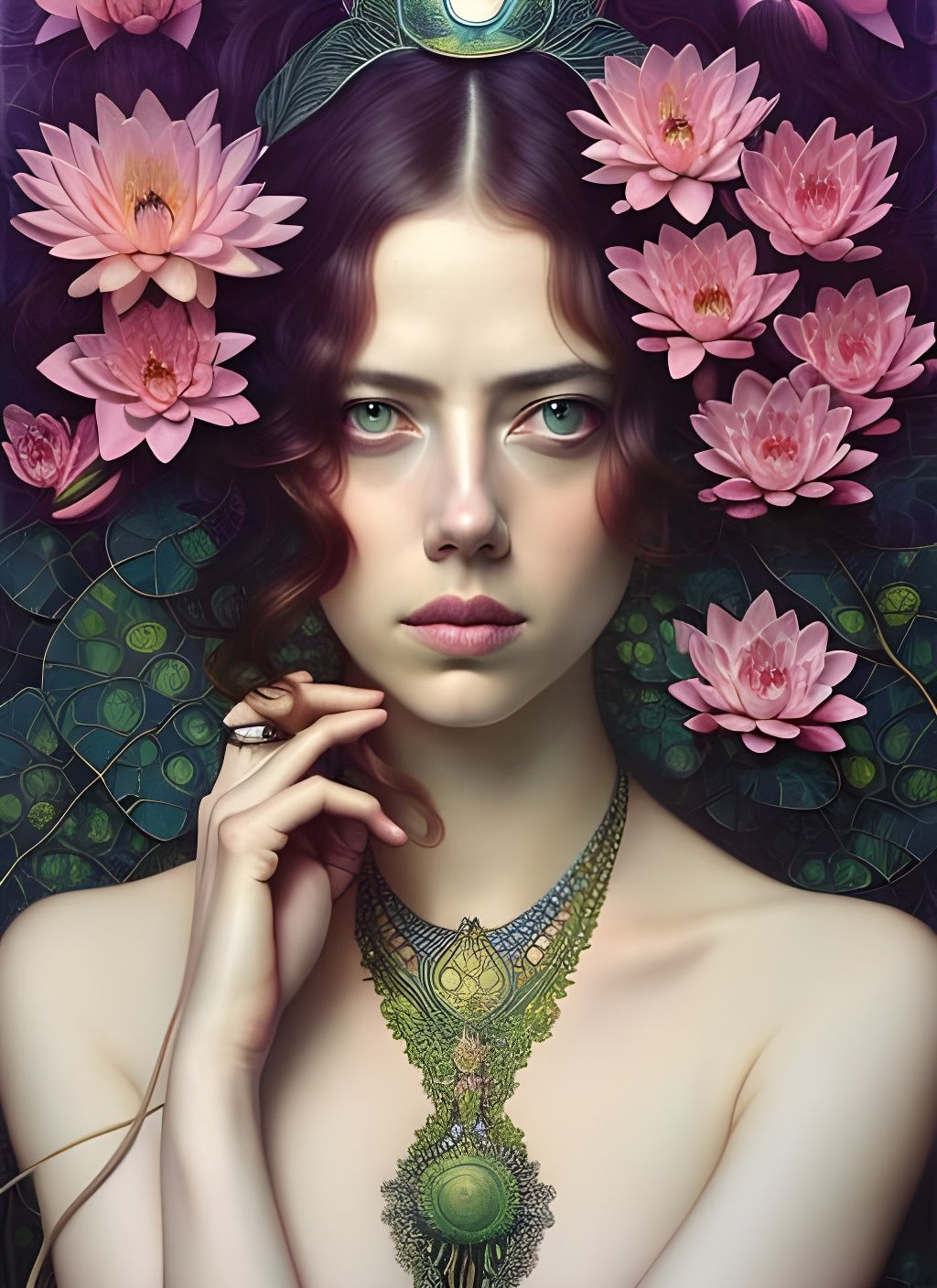 Green Goddess with Waterlily Hair, Digital Portrait