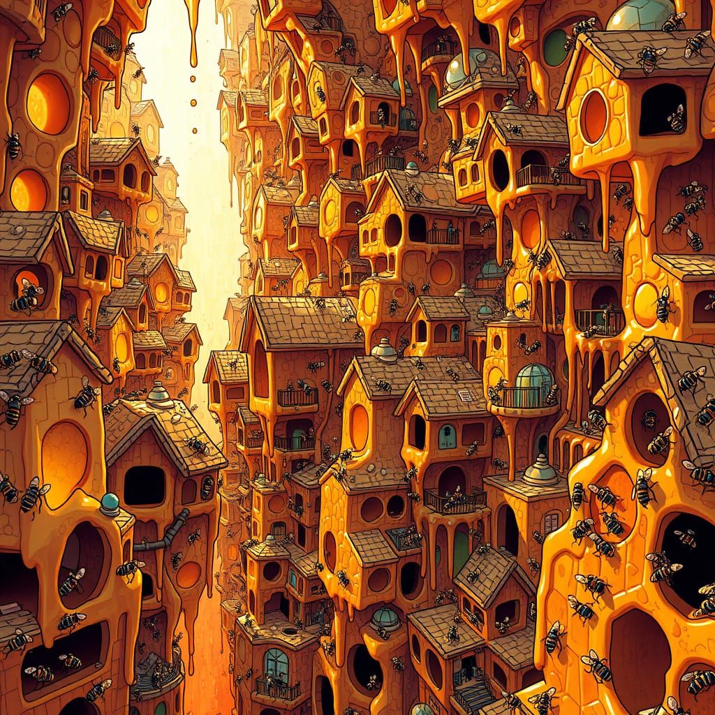 Golden Metropolis of Honeycomb Homes in Vibrant, Surreal Sty...