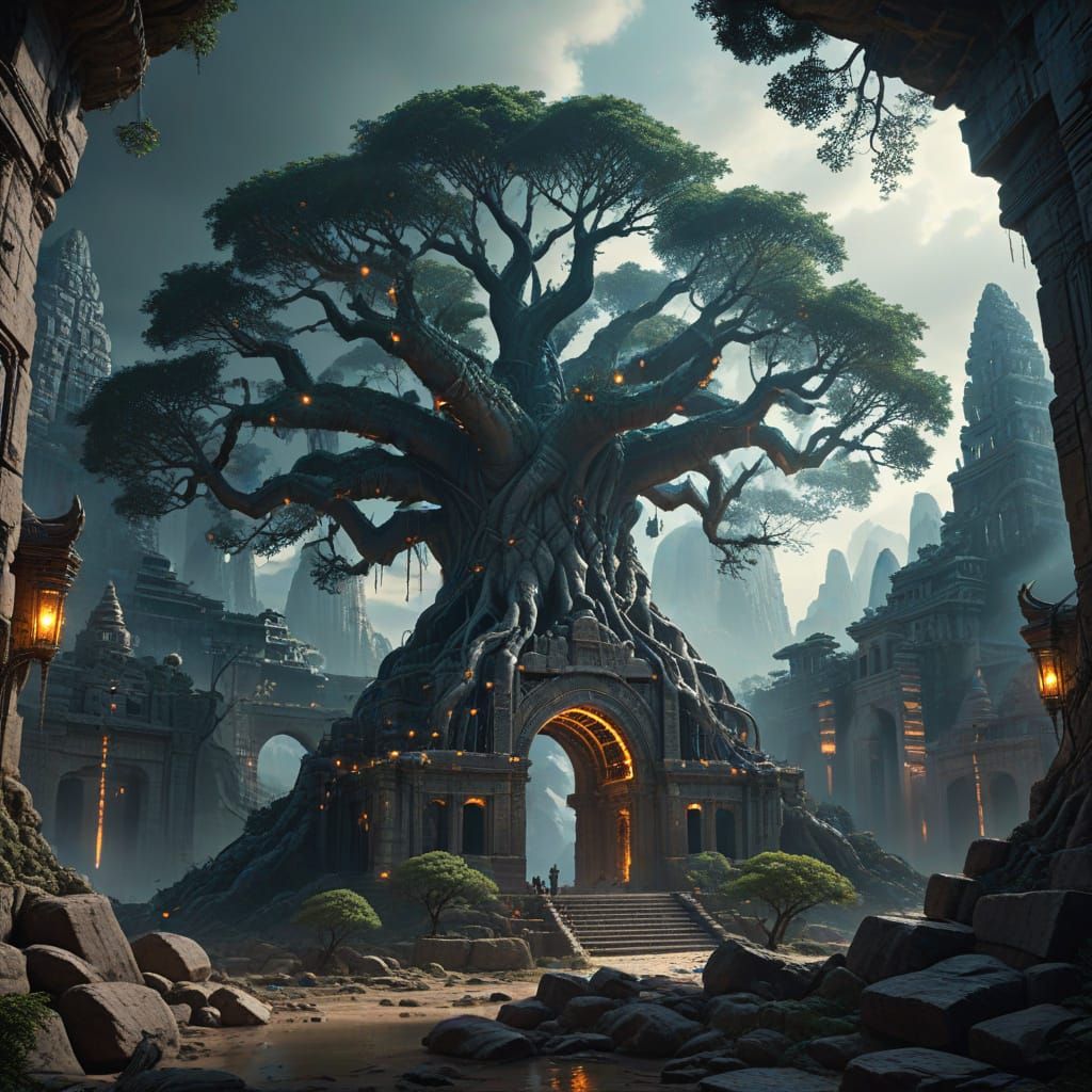 Colossal Ancient Tree Over Futuristic Oriental City